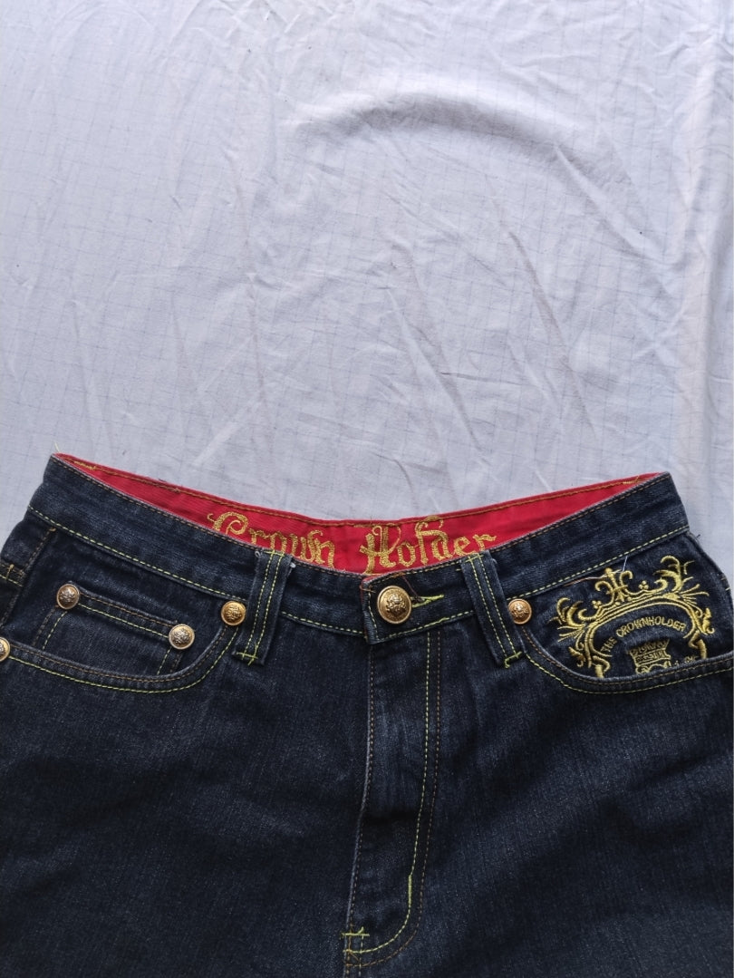 Crown Holder W32 Baggy Jeans Y2k Embroidered Gold
