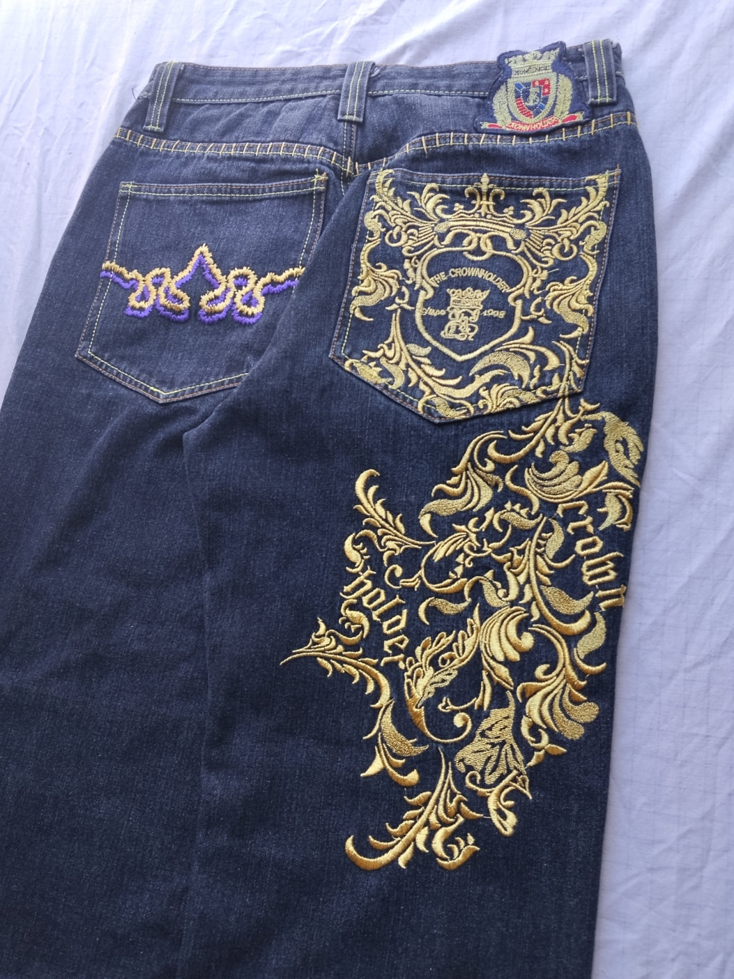 Crown Holder W32 Baggy Jeans Y2k Embroidered Gold