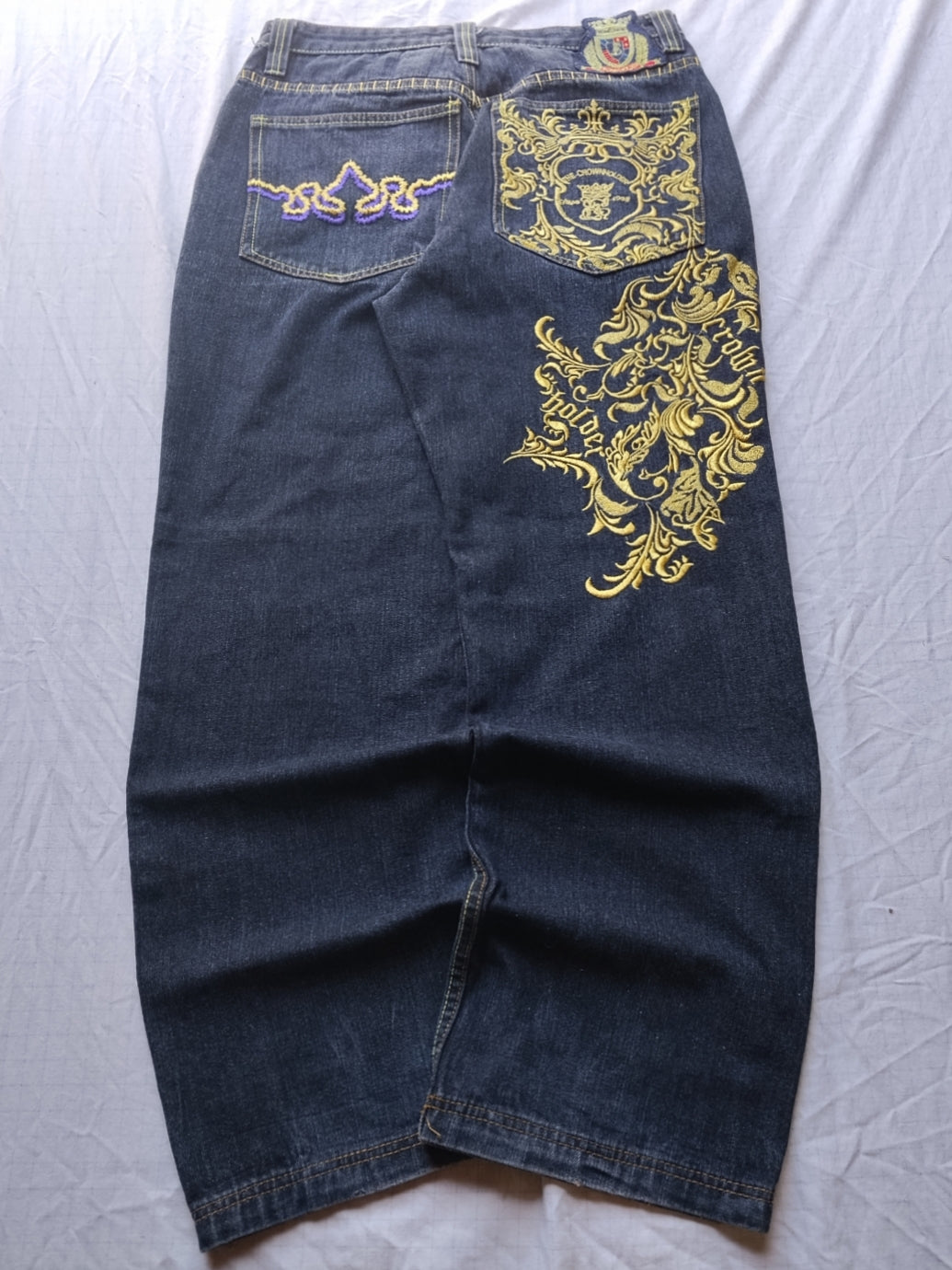 Crown Holder W32 Baggy Jeans Y2k Embroidered Gold