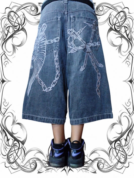 Ubug W34 Baggy Jorts Embroidered Y2k HipHop