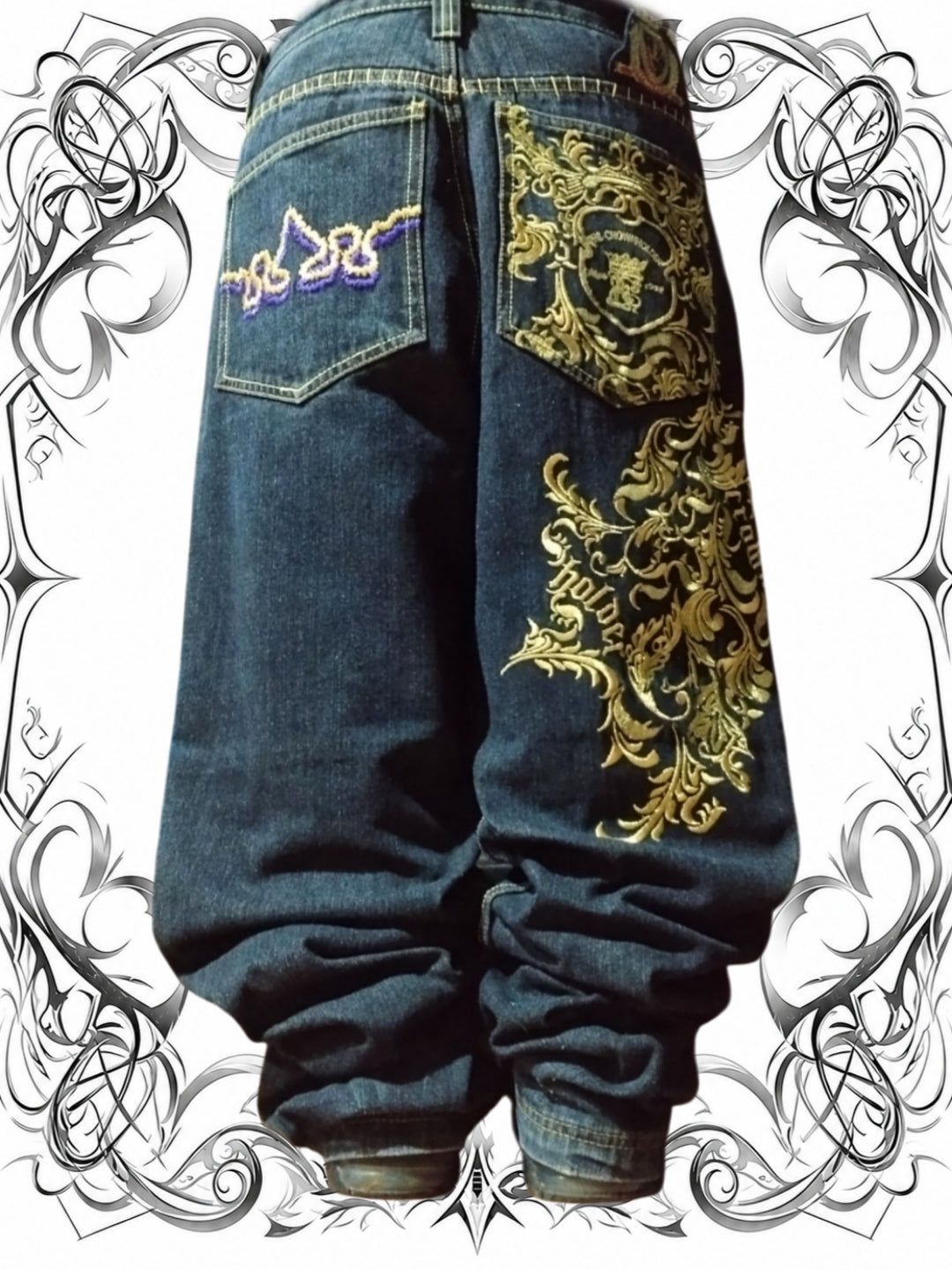 Crown Holder W32 Baggy Jeans Y2k Embroidered Gold