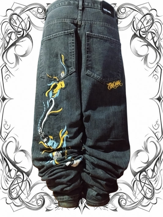 Ecko W32 Baggy Jeans Y2k Dragon Embroidery